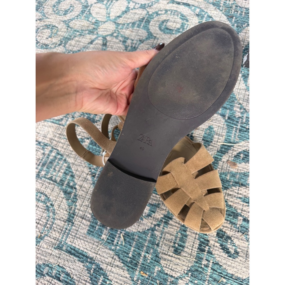 Zara Tan Suede Cage Fisherman Sandals Flat Buckle Ankle Strap Size 40 - Picture 3 of 9